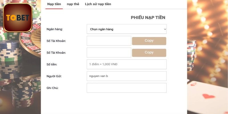 Hướng dẫn nạp tiền Tobet88