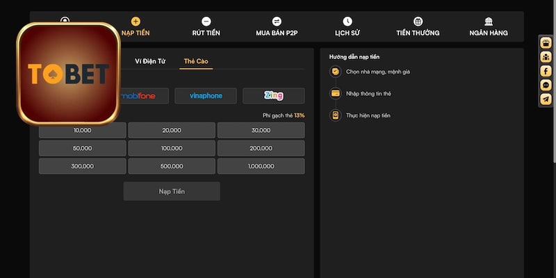 4 bước nạp tiền siêu nhanh trên website Tobet88